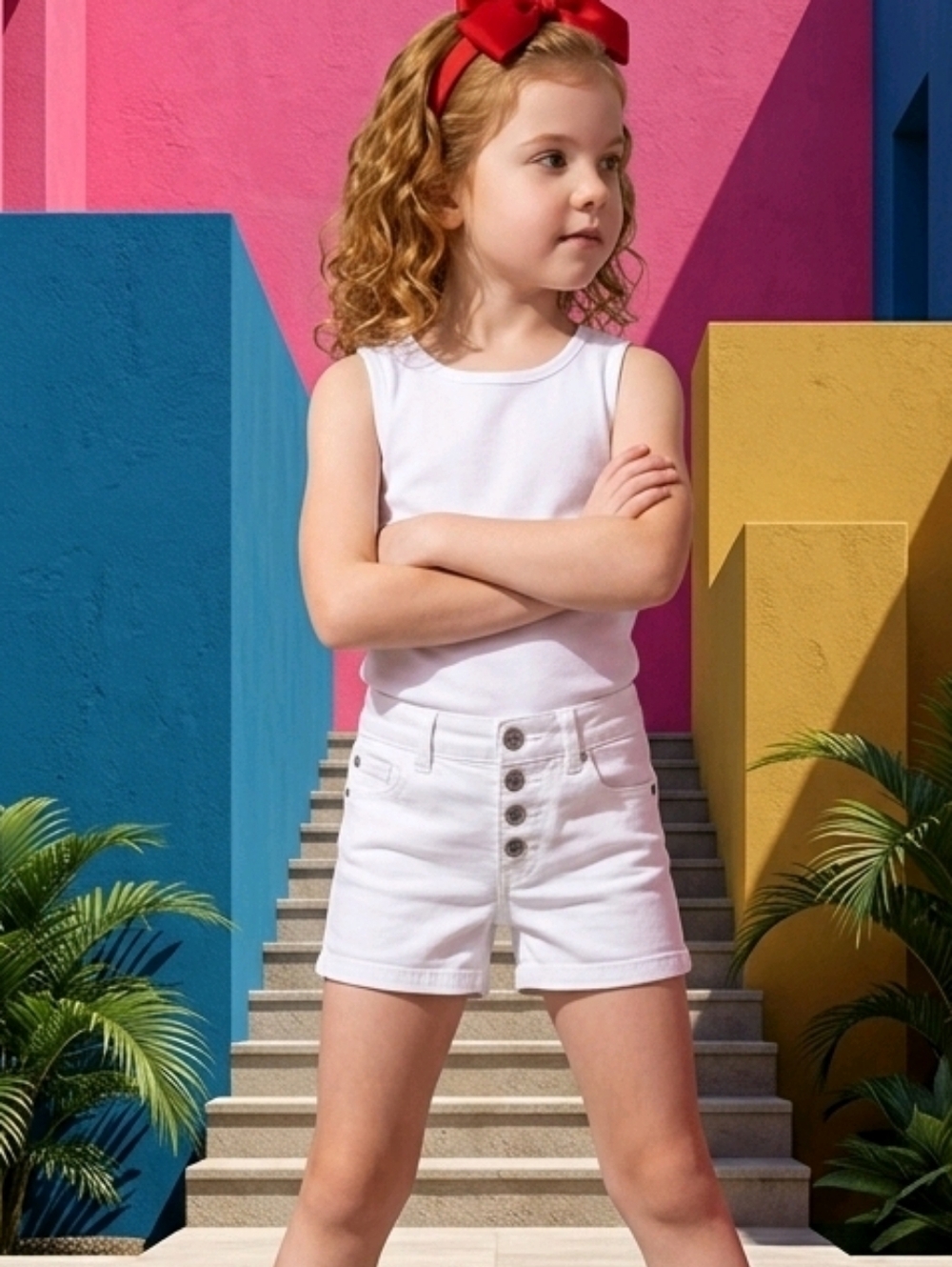 NWT Girls White Button Fly Snaps Denim Shortie ~5